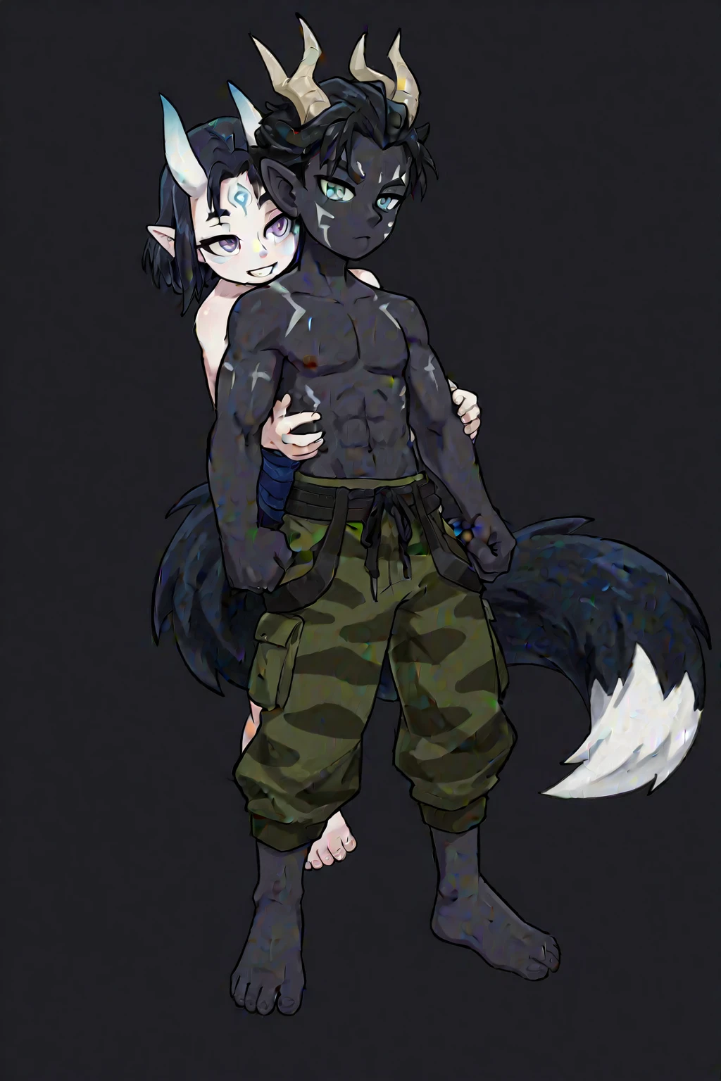 Duo, Score_9, score_8_up, score_7_up, kemono style, Marnie Pokemon, standing, naked, wearing black thong, nervous expression, a naked male obstagoon standing behind her, thighjob, intercrural sex, his cock is between her thighs, 