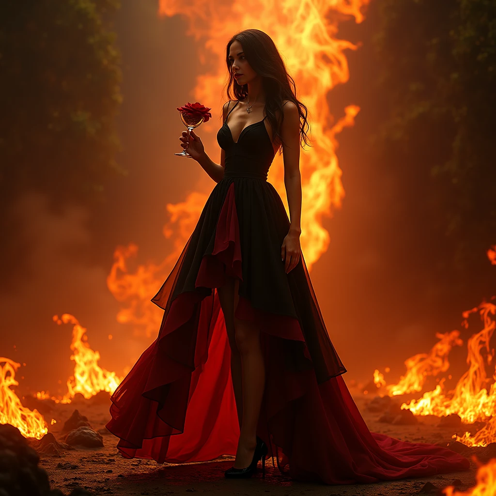 Uma mulher de 18 anos, fair skinned and very long curly voluminous light brown hair , red flared dress, A rose in her hand, with a black cape looking straight ahead and with a simple smile, wearing red earrings and necklace, gold bracelet, walking inside a cross road with flames of fire on the ground, full moon night