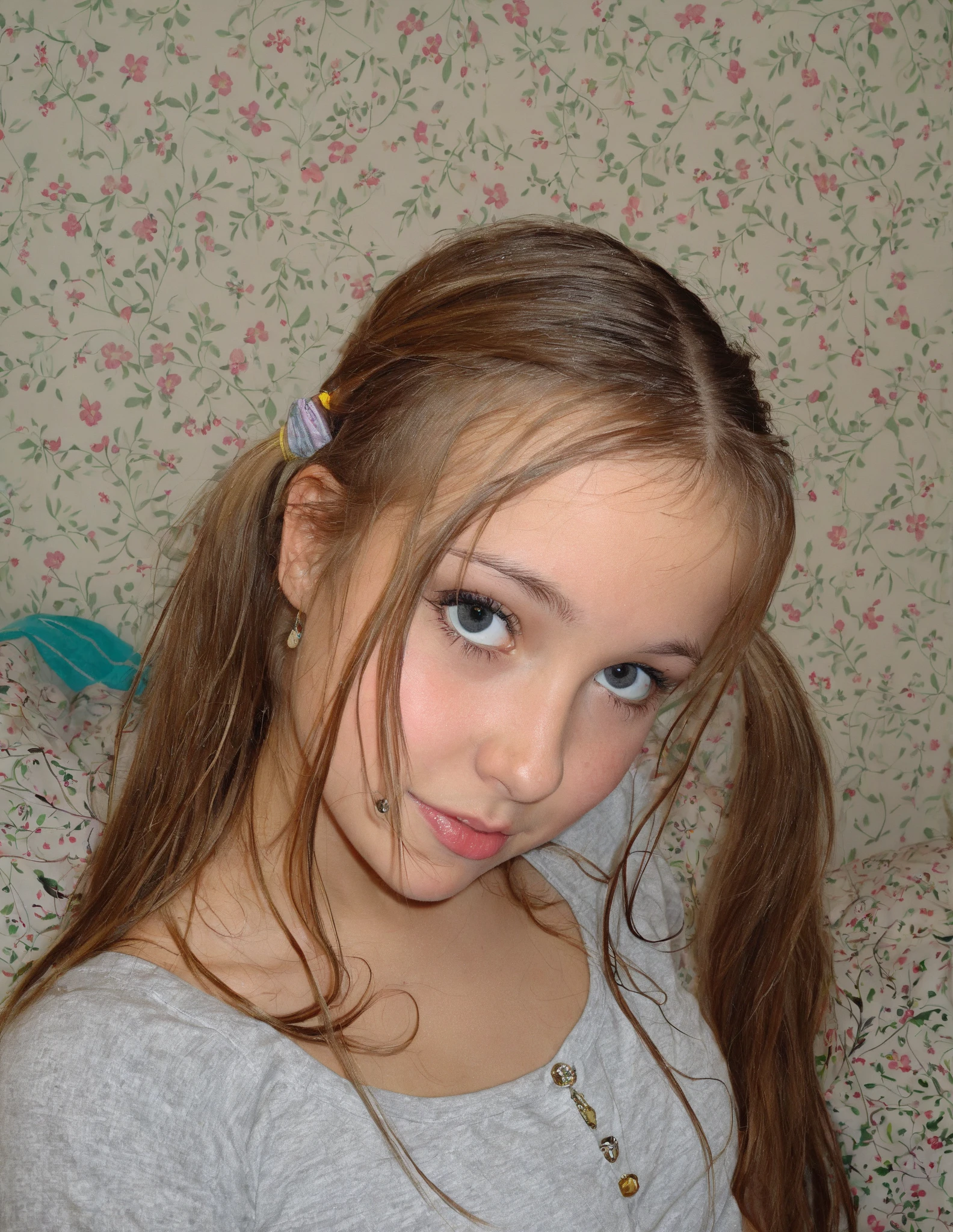 12 year old face girl with medium length blonde hair, children's pigtails hair, hair ribbon, Caucasian female facial structure, happy expression, golden necklace, she wearing a lace tight children's dress, visible nipples, marked nipples, she in a apartment,