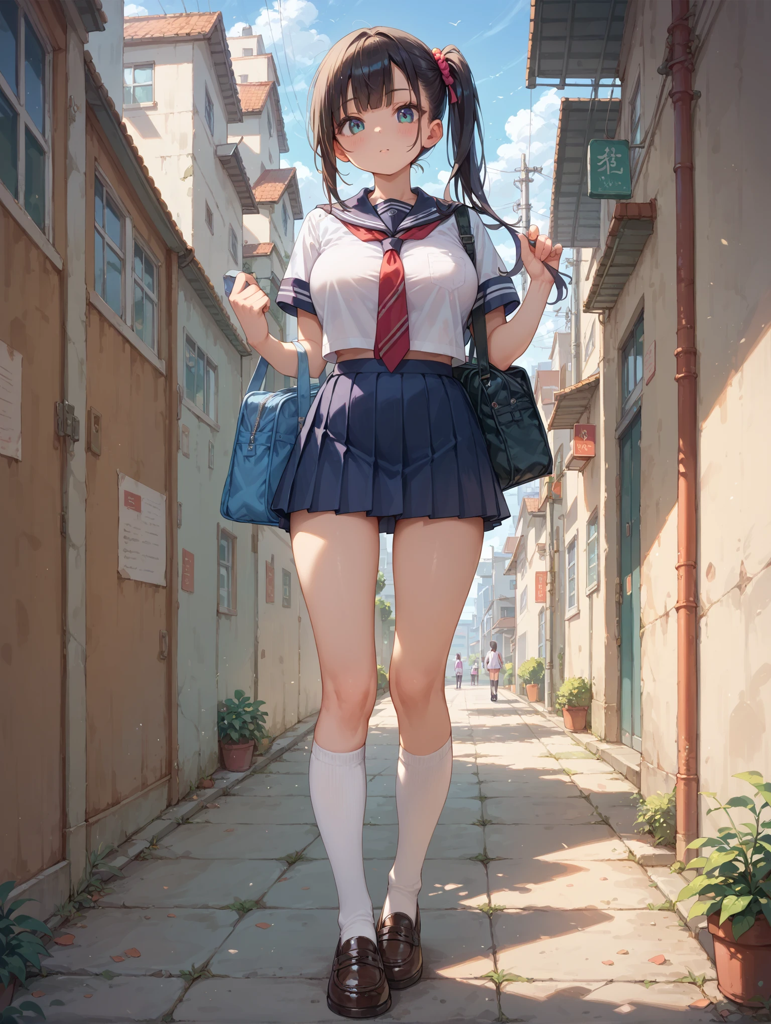 (((masterpiece, Highest quality, High resolution, 超High resolution, Perfect Pixel, Depth of written boundary, 4K, RTTX 10.0))), Beautiful Anime Woman, Beautiful art style, Anime characters, ((Smooth texture, Realistic texture, Anime CG Style)), Exact finger count、Exact number of legs、(Exact number of arms:1.0, Exact number of hands:1.0), (Perfect hands, Perfect Anatomy), Cinematic, Realistic, Extremely detailed CG, Daytime lighting, Perfect lighting, Best Shadow, The best natural light, whole body, Perfect body, Slender body, ((bangs, Dark brown hair, Stylish hairstyle)), (一人の大人の女性がstageを歩いている.:1.4), (Beige cardigan, Checkered micro mini skirt, Knee socks:1.3)、Angle from directly below the rear, ((Sexy and stylish adult blue underwear:1.3), (Stylish shiny blue satin panties, Side-tie blue panties, Blue panties with lace trim:1.3), (Thin panties with red ribbon:1.3)), (blush:1), (Very embarrassed look:1.4), (City hustle and bustle, Buildings on the background, Sidewalk, Intersection in the background, Akihabara-like streetscape, Many people dressed in clothes in the background々,stage:1.4)