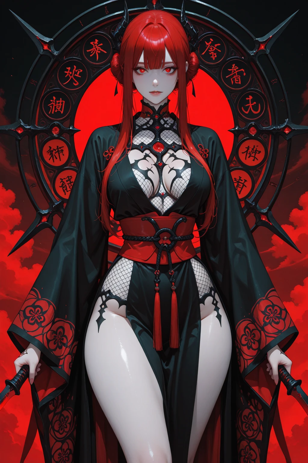 (masterpiece, top quality, best quality, official art, beautiful, cosmic, atmospheric, psychedelic, dreamlike and aesthetic, swirling psychedelic cosmic graffiti patterns:1.2), (1girl), extreme detailed,(fractal art:1.3),colorful,highest detailed, "(Best Quality, 8K, 32K, masutepiece:1.3), Ultra-detailed, (Photorealistic:1.4), pink and white colors, perfect color scheme, albino, Punk rock Girl, Detailed moonlight eyes, Upper body, Luxurious punk hair, Edgy Harajuku-inspired punk rock fashion, super huge enormously gigantic , cleavage showing, Avant-garde makeup, Numerous piercings, Heavily tattooed body, Barefoot woman(30-years old) , (fair white skin:1.7)、 (long pink hair)、(Samurai style black and gold kimono:1.0)、(Big dragon background)、(White smoke)、(two swords)、(abnormally large breasts)、(Red smoke around the body:1.7)、Bare shoulders, Double eyelids, (Gray eyes)、Parted lips,Solo,(cleavage)、delicate and sexy(clavicle:1.3), (Shiny skin:0.8),(masutepiece:1.4),(Best Quality:1.4),glossy red lips, Perfect Abs, Wet(full of sweat)、low angles, (from below angle), High detailed skin, Skin pores,(Katsushika Hokusai-style background)
