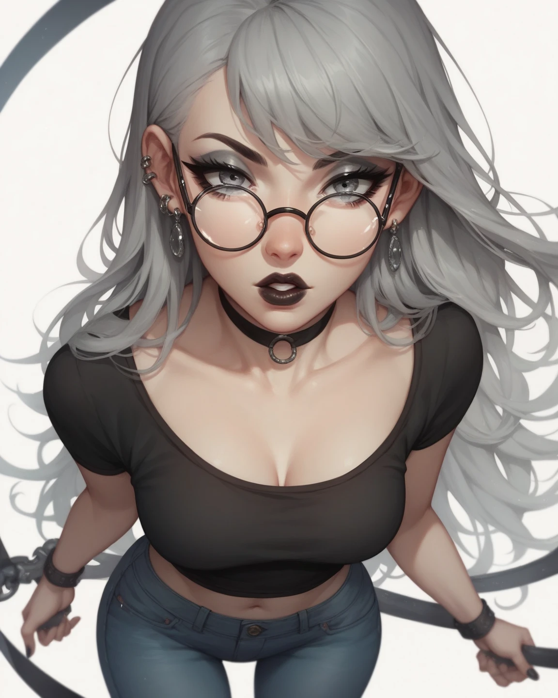best quality, Volumetric lighting, cinema lighting, chef-d&#39;artwork, ultra haute résolution, 4k, (round and detailed face), (expression triste), (Detailed green eyes), thick eyebrows, depressed, Melancholy, (porter des lunettes rondes), (very pale fair skin), Detailed black hair, ((messy long oily hair)), (sweat à capuche noir), boucles d&#39;hoop ears, Les mains dans les poches, unwashed, neglected, untidy, lampadaires au sodium, Minuit, nuages noirs très gros seins