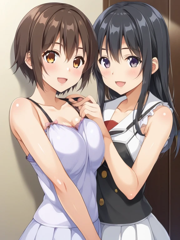 2girls,twins,Sairenji Haruna,Sairenji Harunalittle angry,grabbing breasts,topless,lesbians,riding,bust up,short hair,Looking at each other,Breast augmentation,Torn clothes,mouth half open,scramble,Half-close your eyes,lie,Oily,Sweaty,Mounting location,little angry,Tau Pose,Grab your chest,close your eyes,Sucking nipples,Sleep on your back,scuffle,in blurry stage,uniform