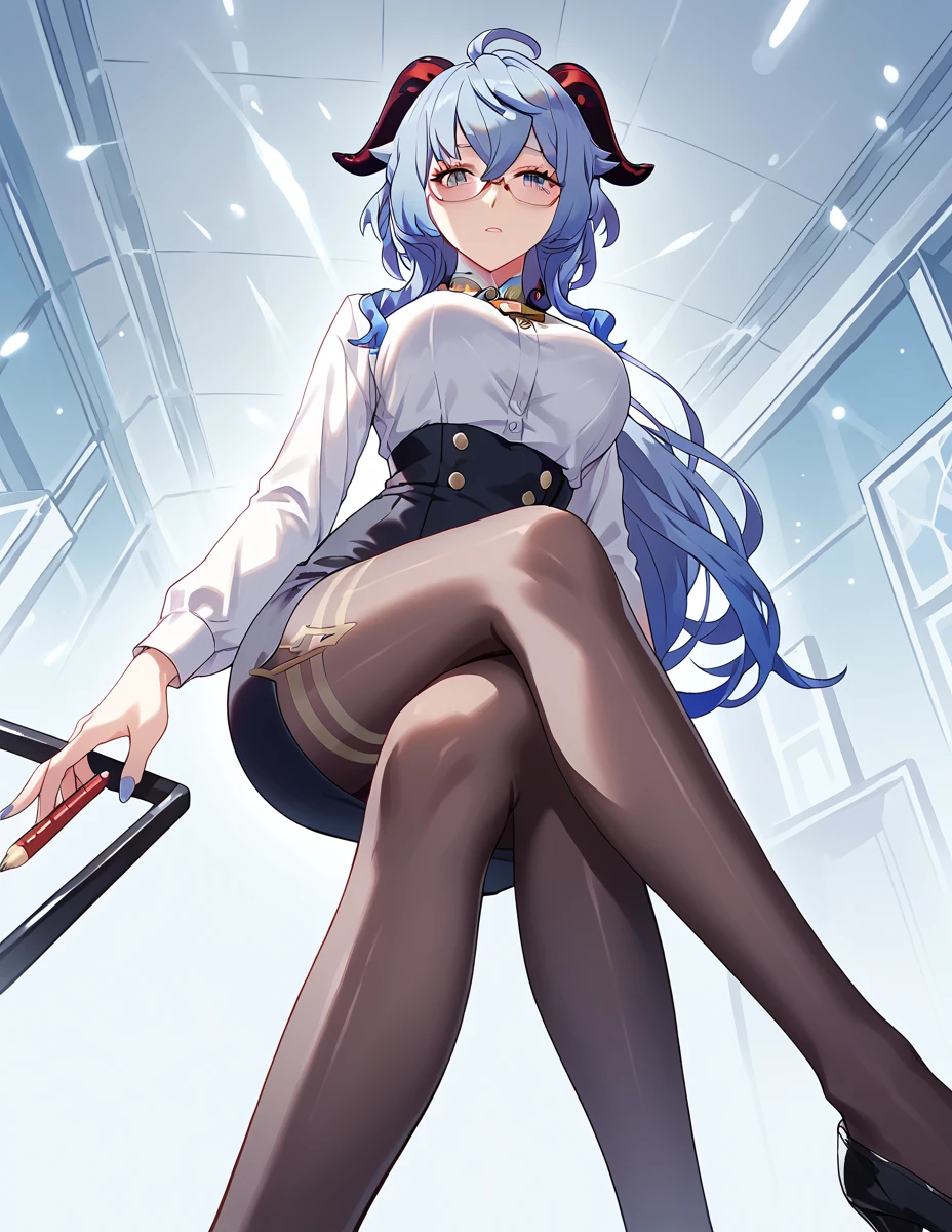 a woman wearing a long white coat, black coat, blue shirt inside, short black skirt, long black socks, long navy blue hair, blue eyes, in a laboratory, with tables, holograms, various research devices, white wall, very detailed , ultra resolution, well defined, masterpiece, 4K HD