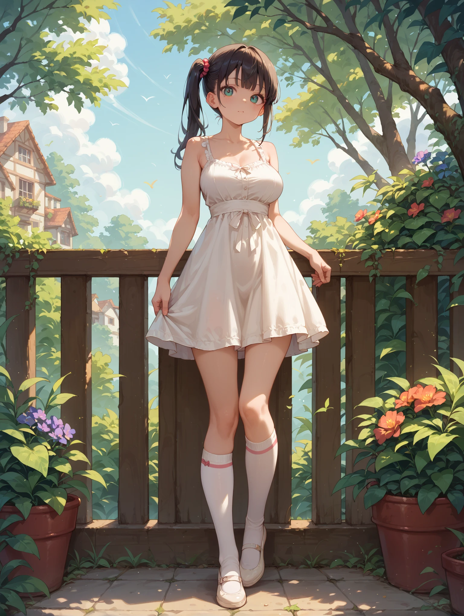 (masterpiece), Princess,Princess,black hair,small breasts,pink neat underwear, Natural light, realistic, diffused light, look up from below,vapor, (lift skirt), (urination), Pigtails,lace stock 1,Luxury Long Dress,embarrassing red face,tiara.T-back,in front of the flower bed in the garden,petticoat,