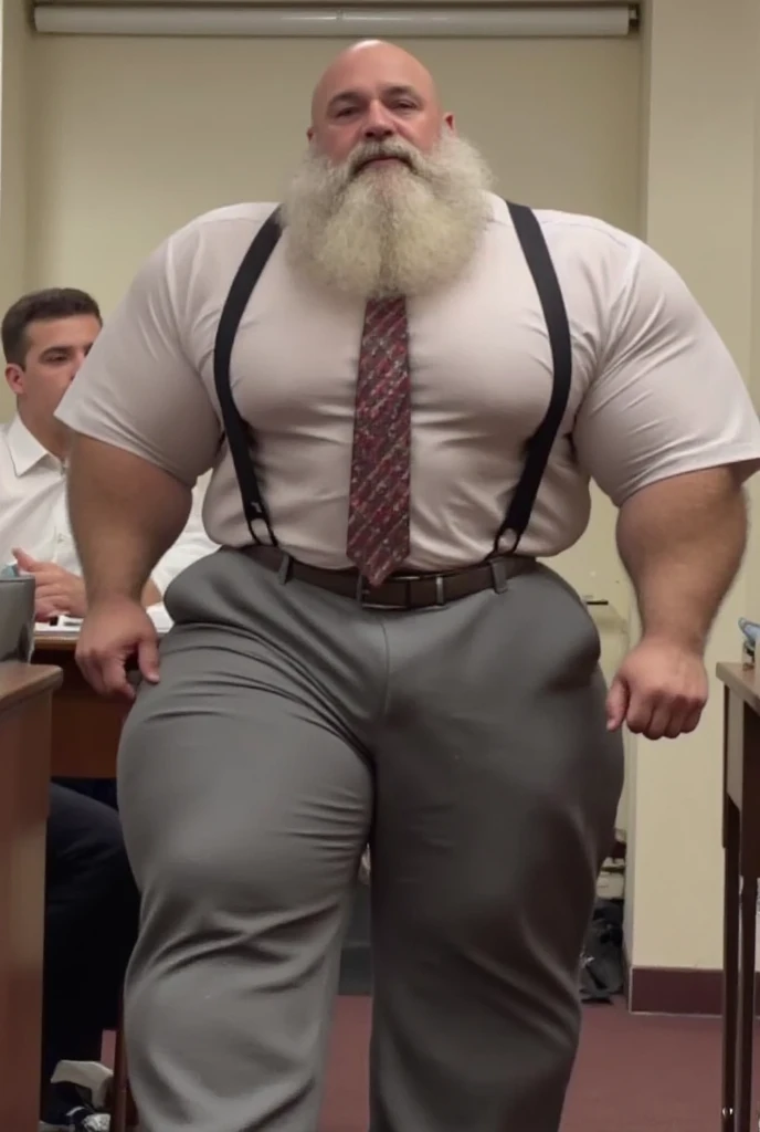 Hot teacher, classroom, formal shirt, tight trouser, muscular, beefy, formal wear, tight clothes, fully clothed, visible bulge, hairy arms, beard, mustache, cute