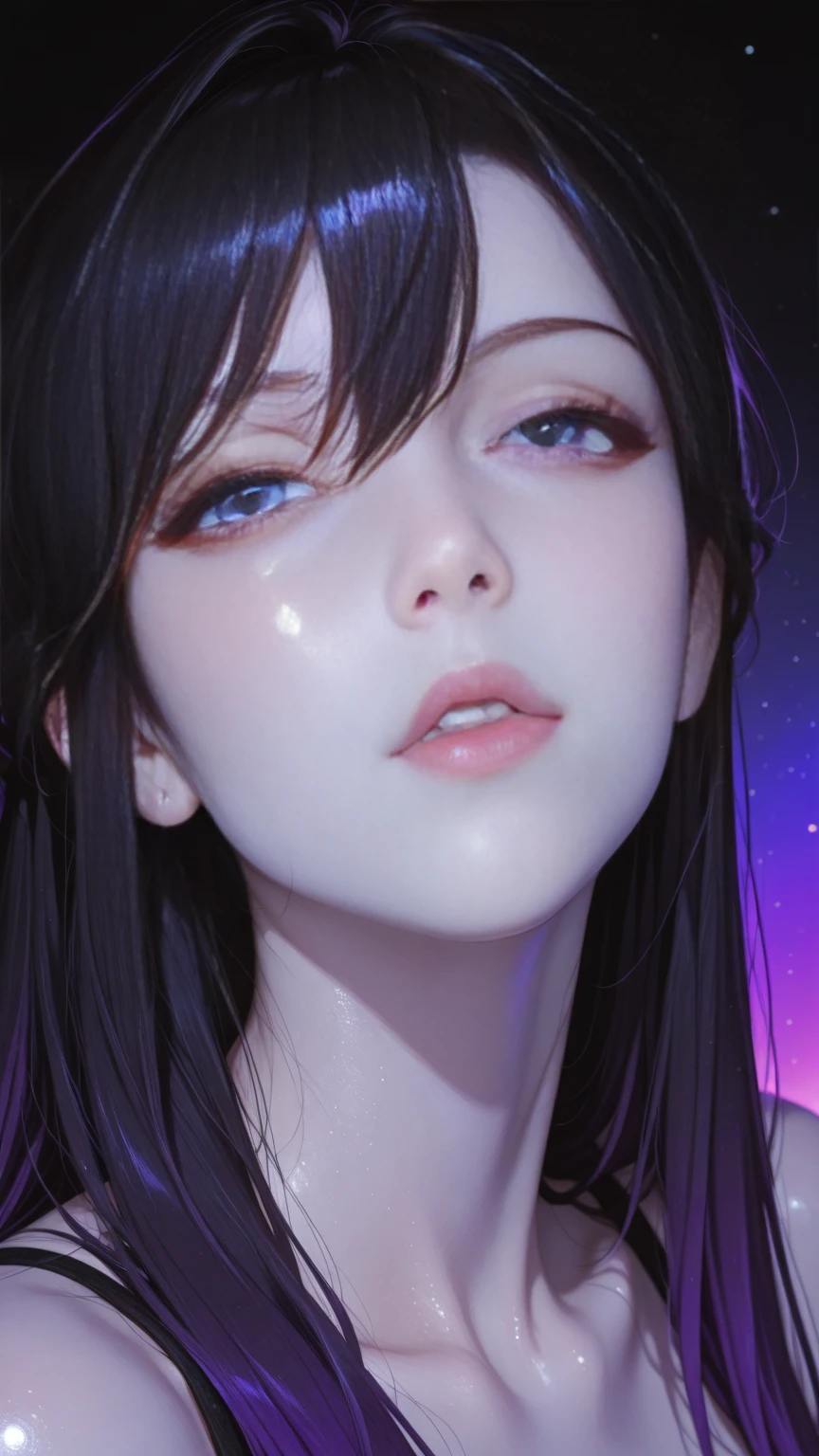 ((masterpiece,best quality)),(negative space:1.4),(1girl, solo:1.4),beautiful detailed eyes,floating pastel pink and lavender hair, lavender eyes, at night, starry sky, stars shining