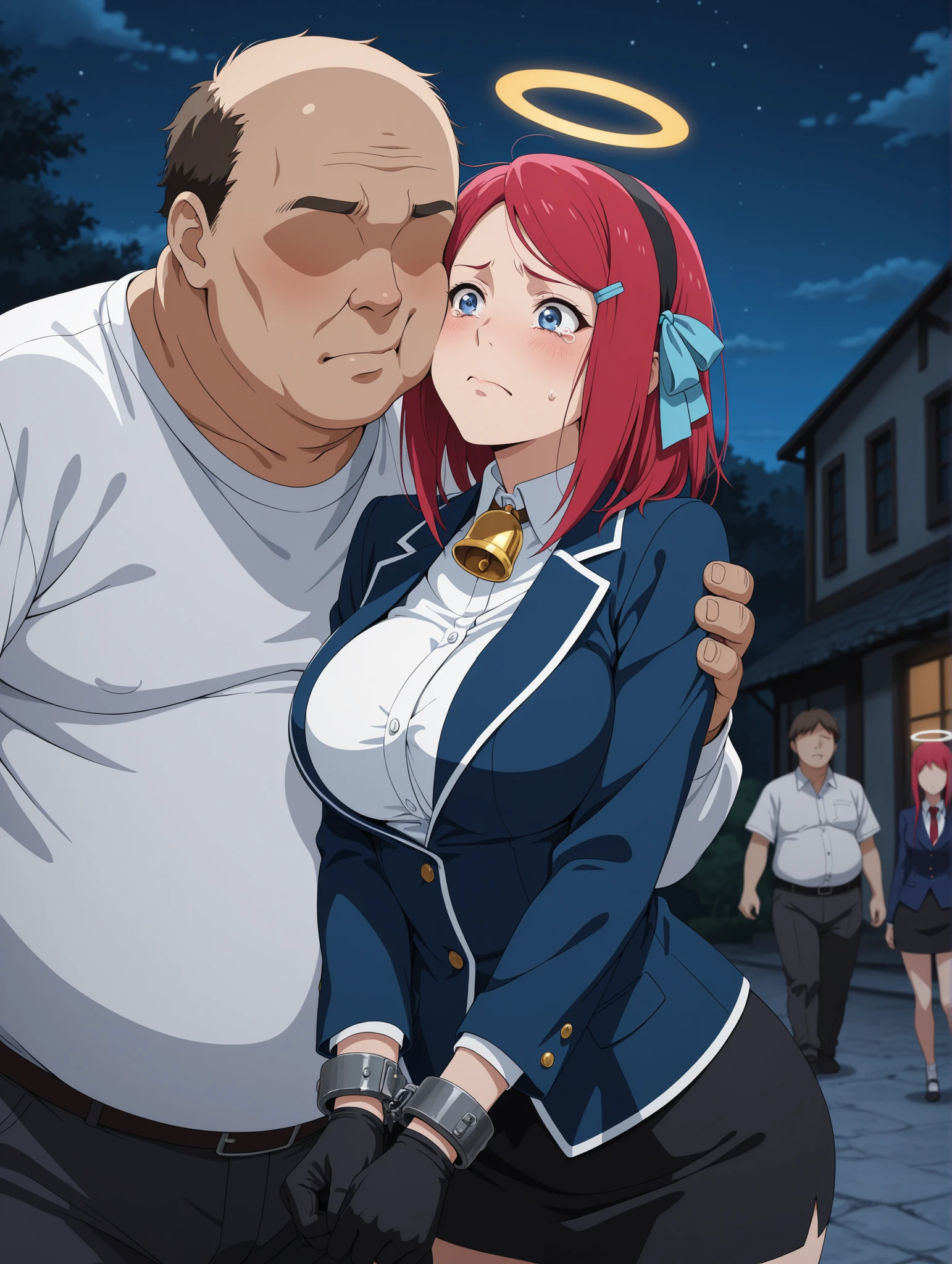 anime screencap, score_9, score_8_up, score_7_up, source_anime BREAK best quality, ((masterpiece)), highly detailed, ultra-detailed, (illustration), (beautiful detailed eyes) BREAK 1girl, Kushina Uzumaki, halo, large breasts, aakodefclothes, hair ribbon, hairband, blue jacket, white shirt, neck bell, sideboob, long sleeves, black gloves, cuffs, miniskirt, black skirt, medium hair, Frustrated, tearing up, (fat man:1.2), (faceless male:1.3), cheek-to-cheek, night, flatshinyskin,