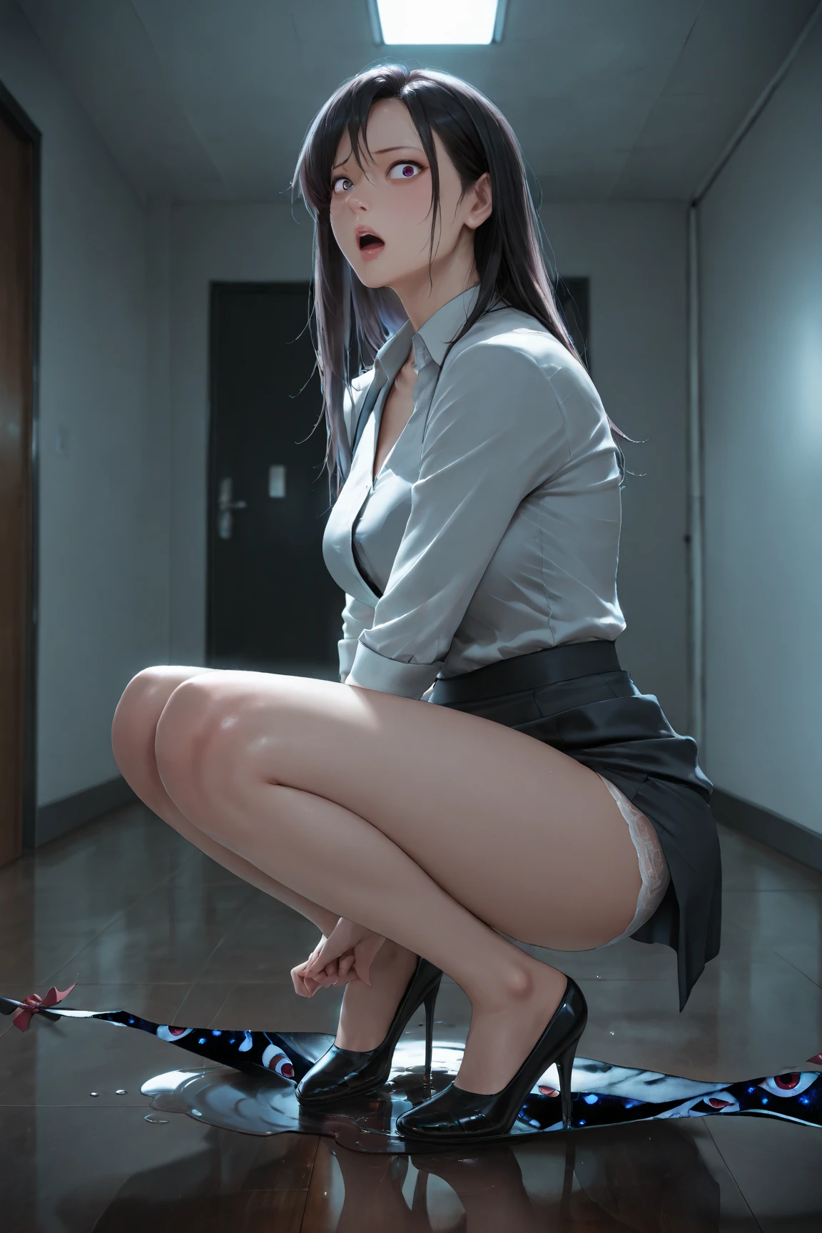 4K, 30 years old woman, skinny, office, squatting spread legs, full body view, (perfect Feet:1.1), (beautiful legs in hightights), beautiful expresive face, shirt, small perky breast, skirt, earings, tattoo,