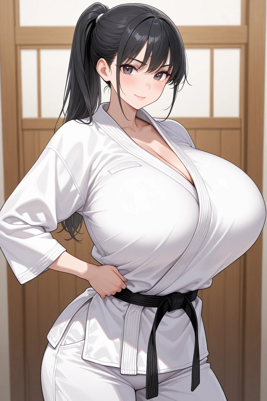 perfect face, atago, black hair, long hair, brown eyes, animal ears, ((dark background)), facing forward, cowboy shot, lust smile, in the center, giant breasts, ((on her knees)), hands on hips, ((white yukata)), cleavage, ((giving boobjob))
