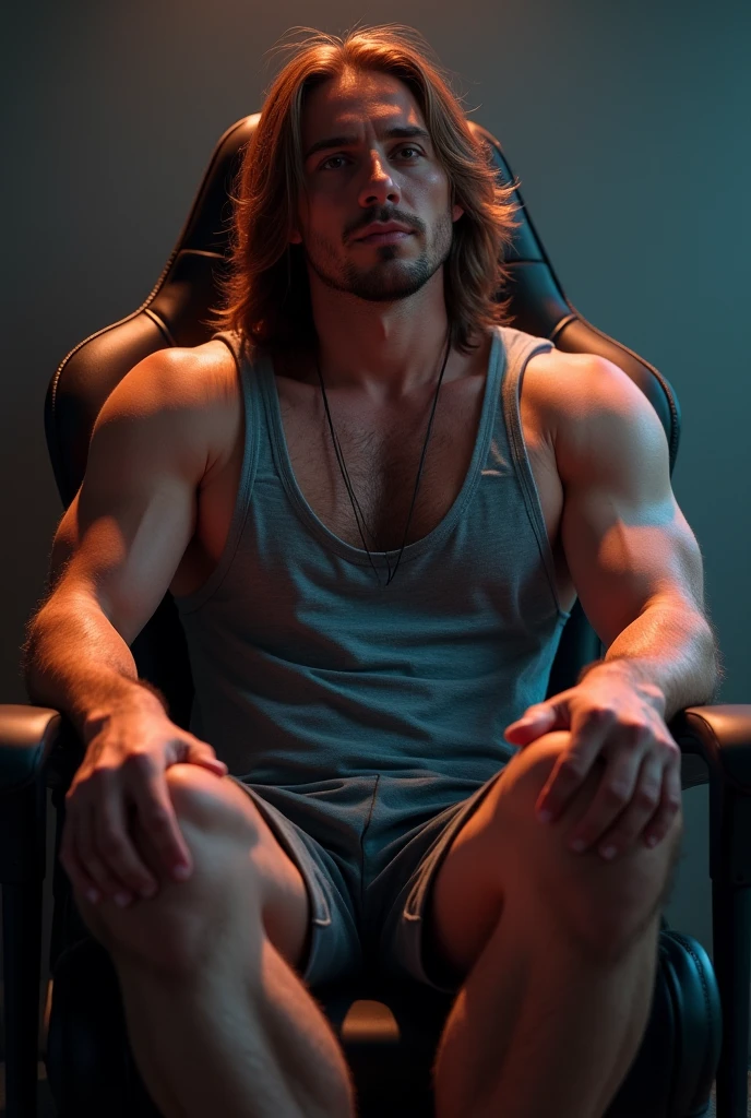 An 18-year-old boy musclejock, embodying the perfect fusion of Joey Lawrence and Spencer Boldman with long hair, reclining in a chair with his legs spread with feet raised, Nike cleats up, bottom cleats facing viewer. Enhanced with HDR technology, this image depicts a true masterpiece, 4K resolution, feet POV, foreshortened perspective, flawlessly rendered anatomy, and skilled craftsmanship.