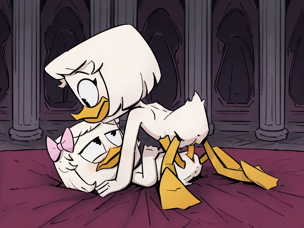 (ducktales:1.2) (ducktales:1.2) (by kyurisawa:1.2) (by chelodoy:1) (by ashraely:1) BREAK, daisy duck, beak, white skin, white body, white hair, black centered bow, headband, rounded bangs, hair bun, female, breasts, orange legs, clothing, mouth open, saliva, eyeliner, teal eyeshadow, black eyes, inside, mansion background, night (smile, squint:1.3) looking at viewer (nude body) (clothed:1.2), titjob, spitroast blowjob, large dick, creampie