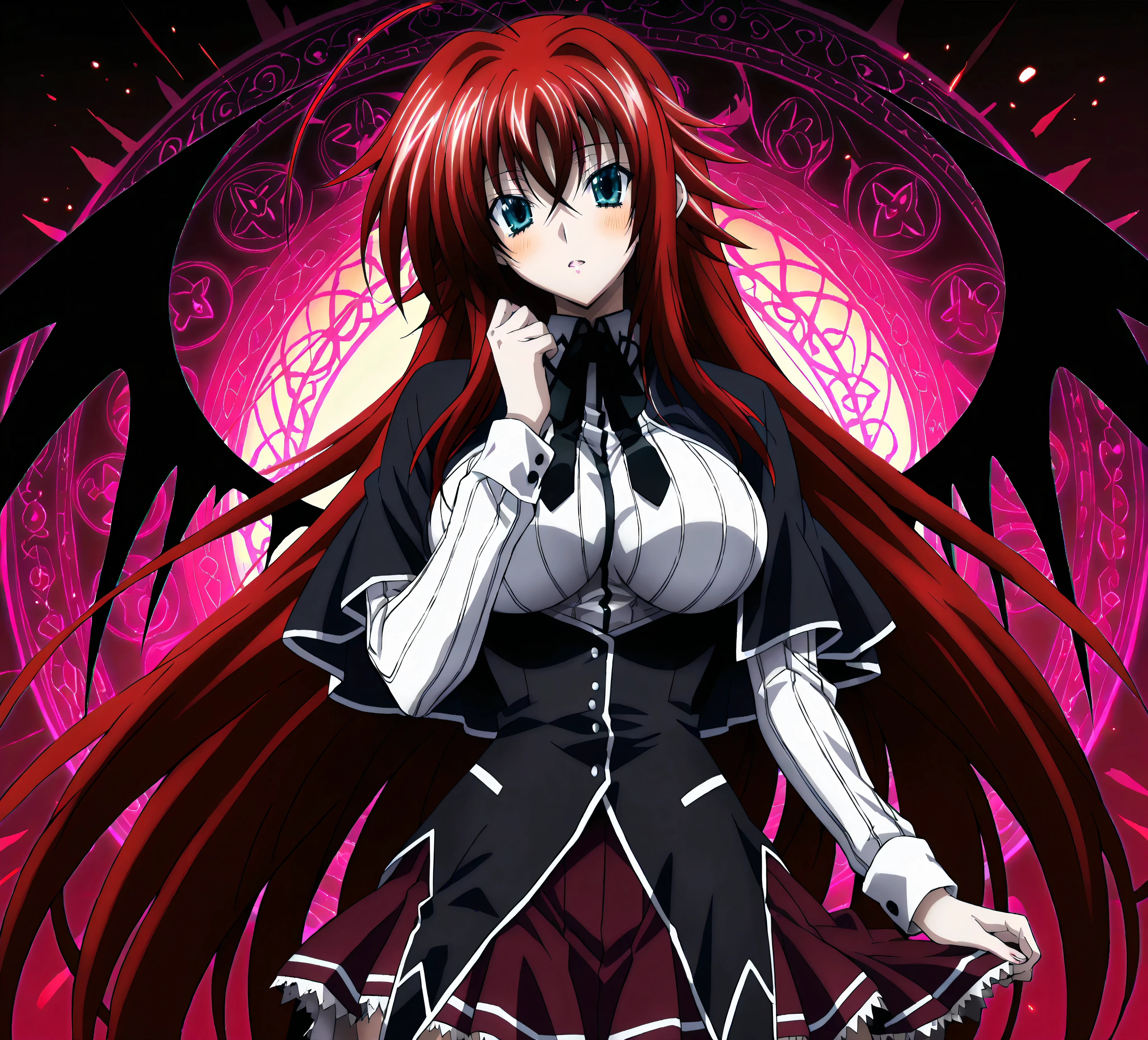 anime girl in red dress with wings and a red cape, rias gremory, highschool dxd, demon anime girl, gothic maiden anime girl, female action anime girl, erza scarlet as a real person, anime goddess, seductive anime girl, lilith, top 25 fantasy anime series, gainax anime style, with hellish devil wings