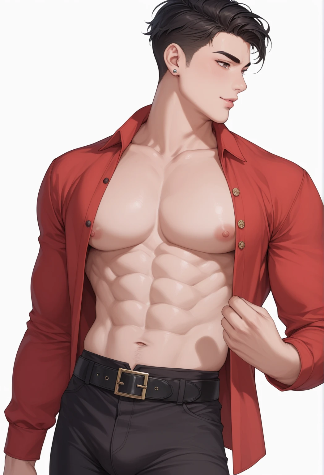 best quality, masterpiece, extremely detailed, close up of muscular bodybuilder man's torso, hands hold open red tracksuit jacket, exposed chest, only one nipple ring, tracksuit pants lowered to expose hips, no background, gay, homoerotic, ambient lighting, extremely dramatic shadows, perfection, no watermark, no logo, no signature
