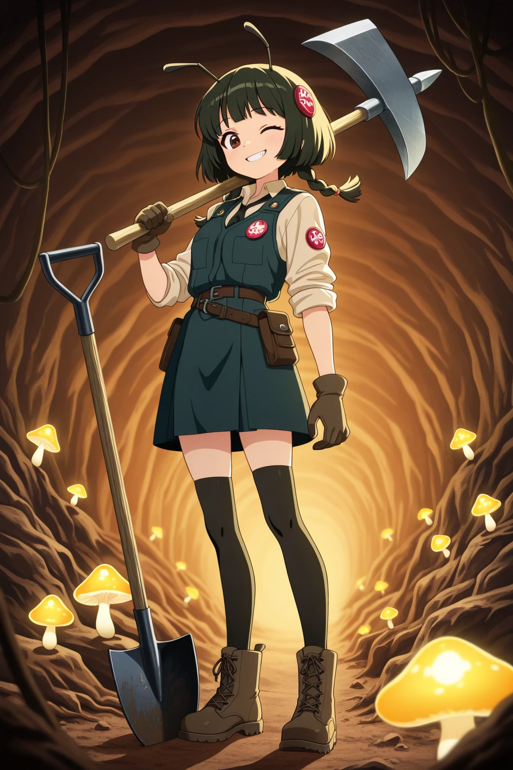((red eyes)), girl, (((with a knife))), (((horizontal yellow-green striped shirt with thicker stripes))), red glowing eyes, head tilted, short brown hair mushroom head with a clear smile on face, Chara\(Undertale\), two-dimensional, dark background, small golden flowers under feet, slightly tilted head, ((white socks)), ((brown leather boots)), ((black shorts))
