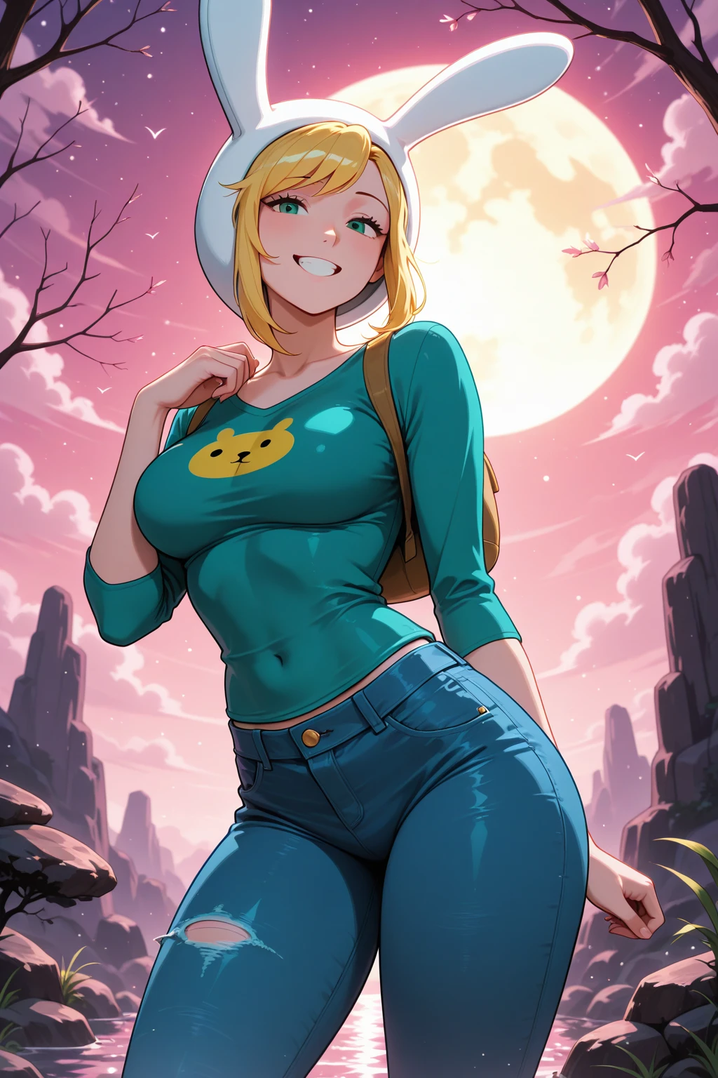 ((best quality)), ((highly detailed)), masterpiece, absurdres, (detailed eyes, deep eyes), (1girl), dynamic pose, full body, shygal, (mask), ((hollow eyes)), yellow hair, huge breasts, thick thighs, (purple hoodie), dress, belt, (sleeves past wrists), white thighhighs, boots, blue footwear, (in a park, trees, path, light post, park bench, city in the background, evening, night sky, stars, full moon, shooting star)