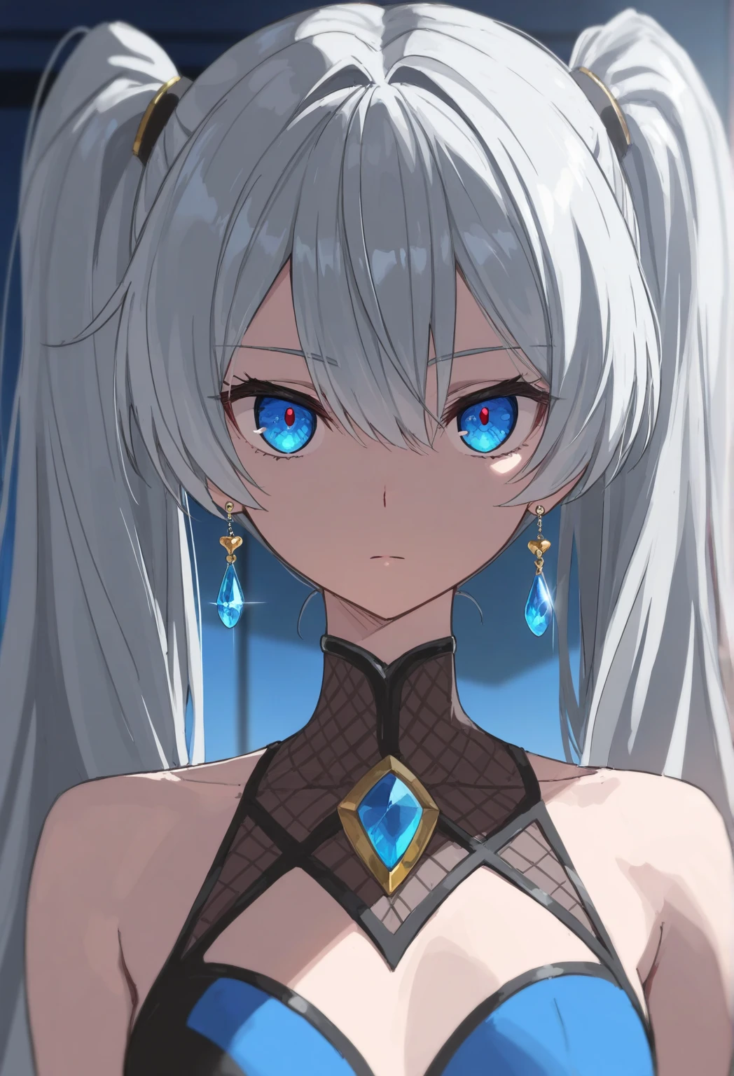 (masterpiece),((Highly detailed long silver hair)),((expressive blue eyes)),(Highly detailed white dress),deep cleavage,serious expression,extremely beautiful woman,pale white skin,silver jewelry,best quality,cel shading,8K ,ultra HD,highly detaild face, highly detaild eyes,flat color,(close shot),high contrast,ufotable art style,contrapposto,white background