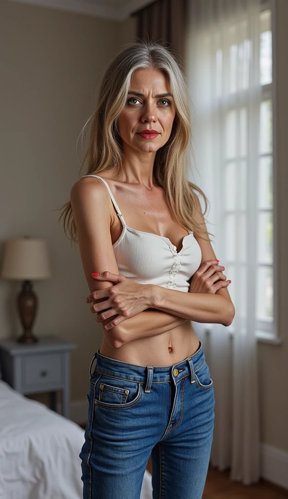 Photograph of an anorexic emaciated extremely skinny American female model, she has a femanine face, she is attractive, show full height of model from toes up, she is sitting on a pool table, she is looking at the camera, her legs are spread open, she is wearing a garter bealt and garter straps, she has colorful high stockings, she has a wide neck choker 12 inches wide with a large pendant, show breasts, show legs, shee has a big smile, her teeth are showing, she has large sized breasts, she has long white hair, she is wearing  large shiny hoop earings, she has bright red lipstick, she has long dark eyelashes, incredibly skinny body, extremely skinny body, emaciated body, tiniest waist ever, well-defined collar bones, well-defined hip bones, well-defined ribcage, extremely skinny arms and legs, weak and fragile body, masterpiece, anatomically correct, textured skin, super detail, high details, high quality, best quality.