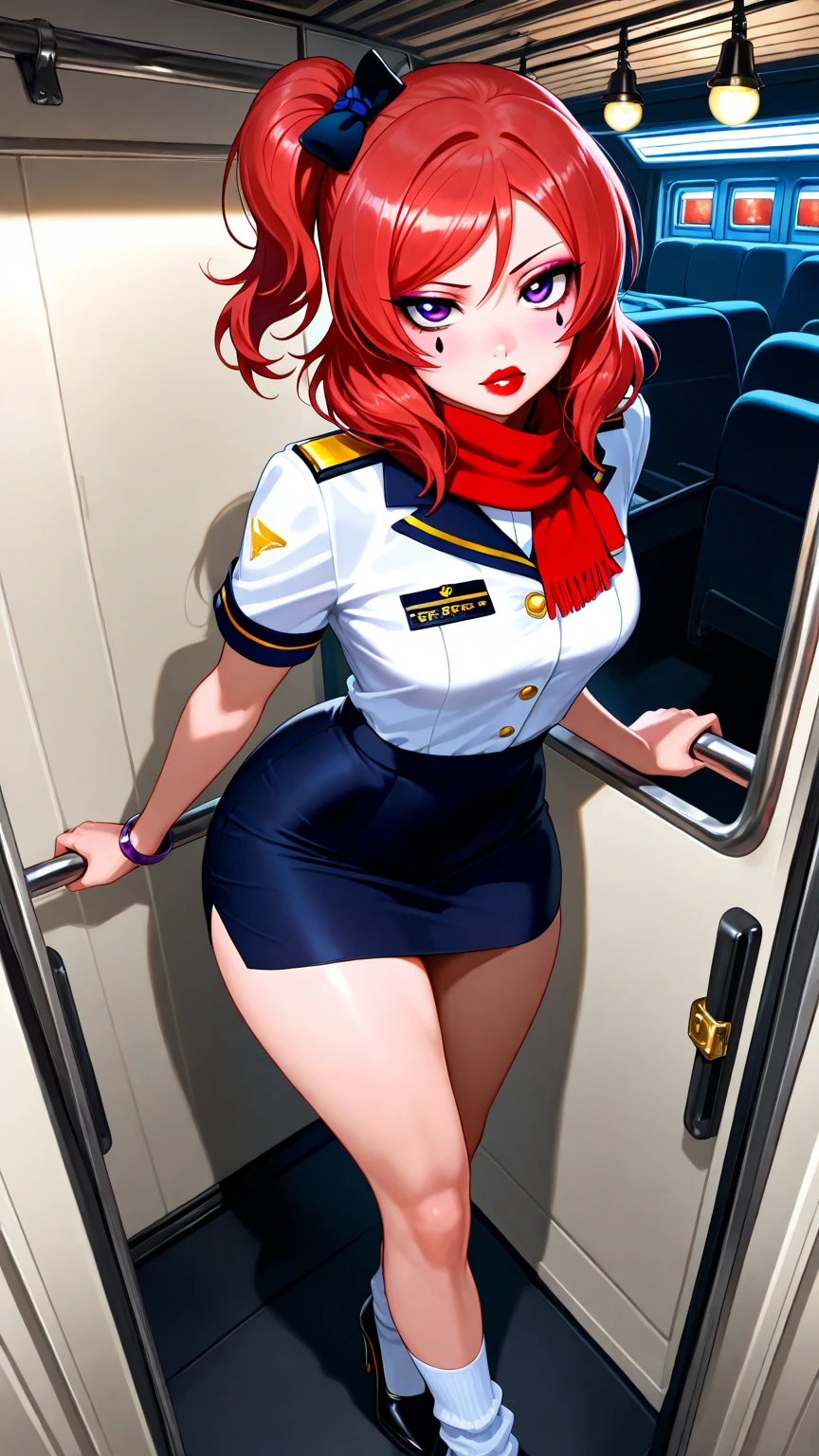Ariana Grande Stewardess in Sexy Short Yellow Stewardess Dress, sexy flight attendant costume, ( inside a Boeing plane ) ((perfect female body)),8K more detailed.engine unreal:1.4,ultra HD,La best qualityer:1.4, photorrealistic:1.4, texture skin:1.4, Masterpiece artwork:1.8,Masterpiece artwork, best qualityer,object object], (detailed facial features:1.3),((The correct proportions)),(convex camel toe),(gorgeous blue eyes),(red panties azafata lingerie ),(stewardess red short skirt:1.4) ), (Stewardess uniform:1.4),(stewardess hat:1.4),( realistic 2050s lighting:1.4), realistic background, black fishnet bodysuit,(Beautiful Russian stewardess), (inside a plane:1.4)