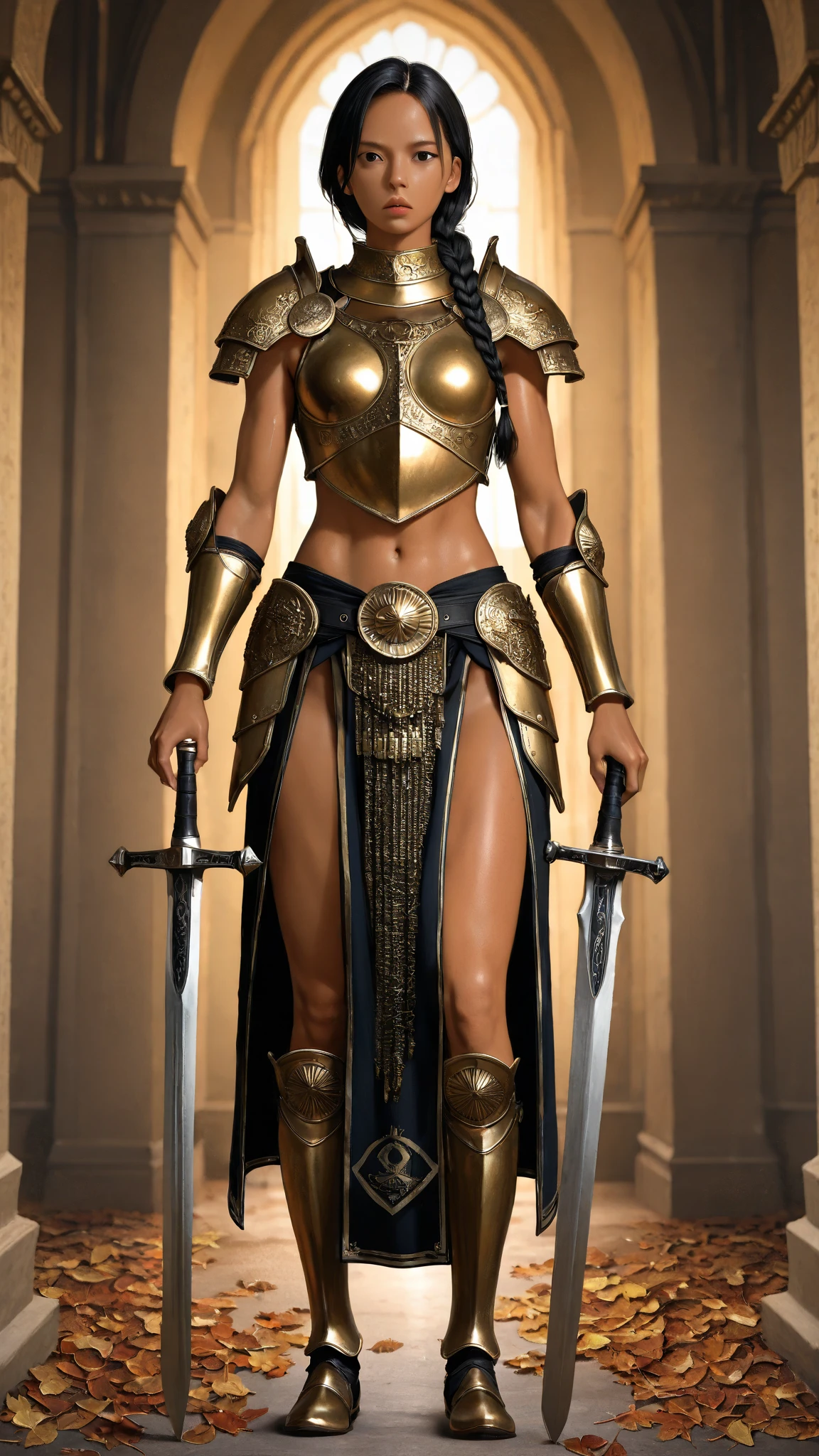 ((full body photo, standing, feet on the ground))1 mature woman, Amazon warrior of themiscera, long curly hair, brown hair, dark brown eyes, thin lips, round face, wearing Greek battle helmet, huge breasts covered by well-protected and imposing Greek Amazon armor holding a short sword and a shield with a lion's head,She's in the coliseum, inside an arena