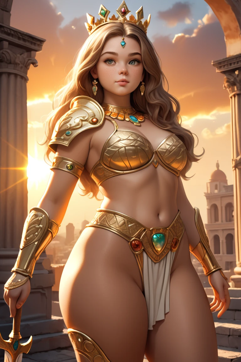 Surreal art of a beautiful woman embodying the goddess of the sky, standing on an ancient ruin wall, her long brown hair with bright golden locks fluttering in the stormy air as the spectacular setting sun paints the sky with red clouds. Dark clouds intertwined with lightning and a gentle drizzle, watercolor style masterpiece with an effect that creates a stormy sky, transparent swimsuit underwear, ancient Greek city blurred in the distance, ancient city in the distant fog, girl on high mountain to see the valley, goddess dressed in gold jewelry, a girl from the front looking to the side, poses on a stone wall covered with ivy, stands on a stone wall, 8k resolution, high quality art, pose of a lady in motion, elegant, high quality film poster, overexposure of elements, fracture, girl on high mountain observing the distant valley,