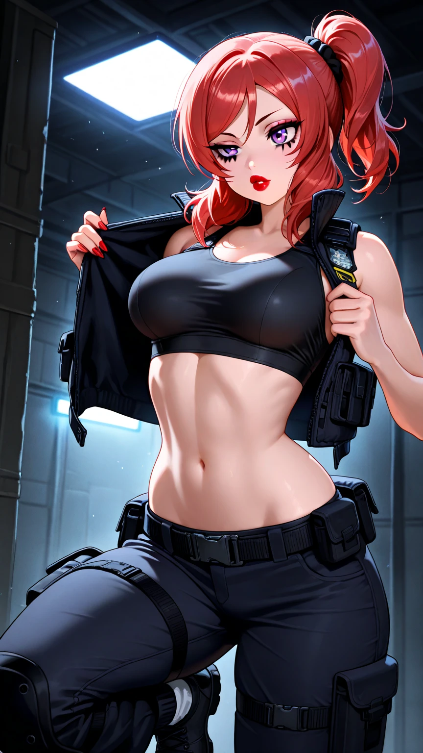 ((Realistic lighting, Best quality, 8K, Masterpiece: 1.3)), Clear focus: 1.2, 1 girl, Perfect Figure: 1.4, Slim Abs: 1.1, See through, tight clothing, ((Red-Haired)), (panties: 1.4), (Blue crop top: 1.4), (Outdoor, Night: 1.1), City streets, Super fine face, Fine eyes, Double eyelids,