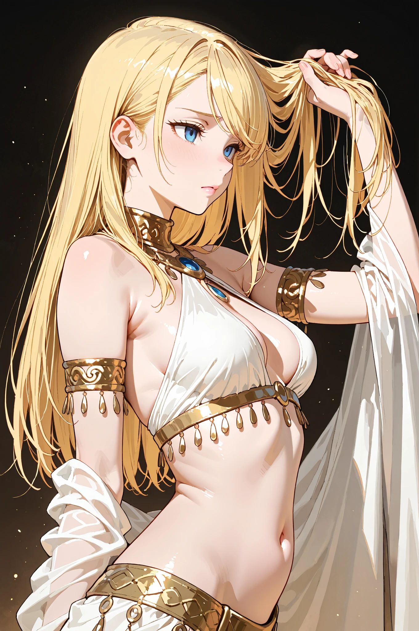 Create a beautiful woman with blue eyes and blonde hair, she white tunic, with gold bracelets, and a golden halo of energy over your head, she has a beautiful body with medium breasts and thighs too, at the waist there is a golden belt, seductive body and a serious look, your white tunic covers your legs