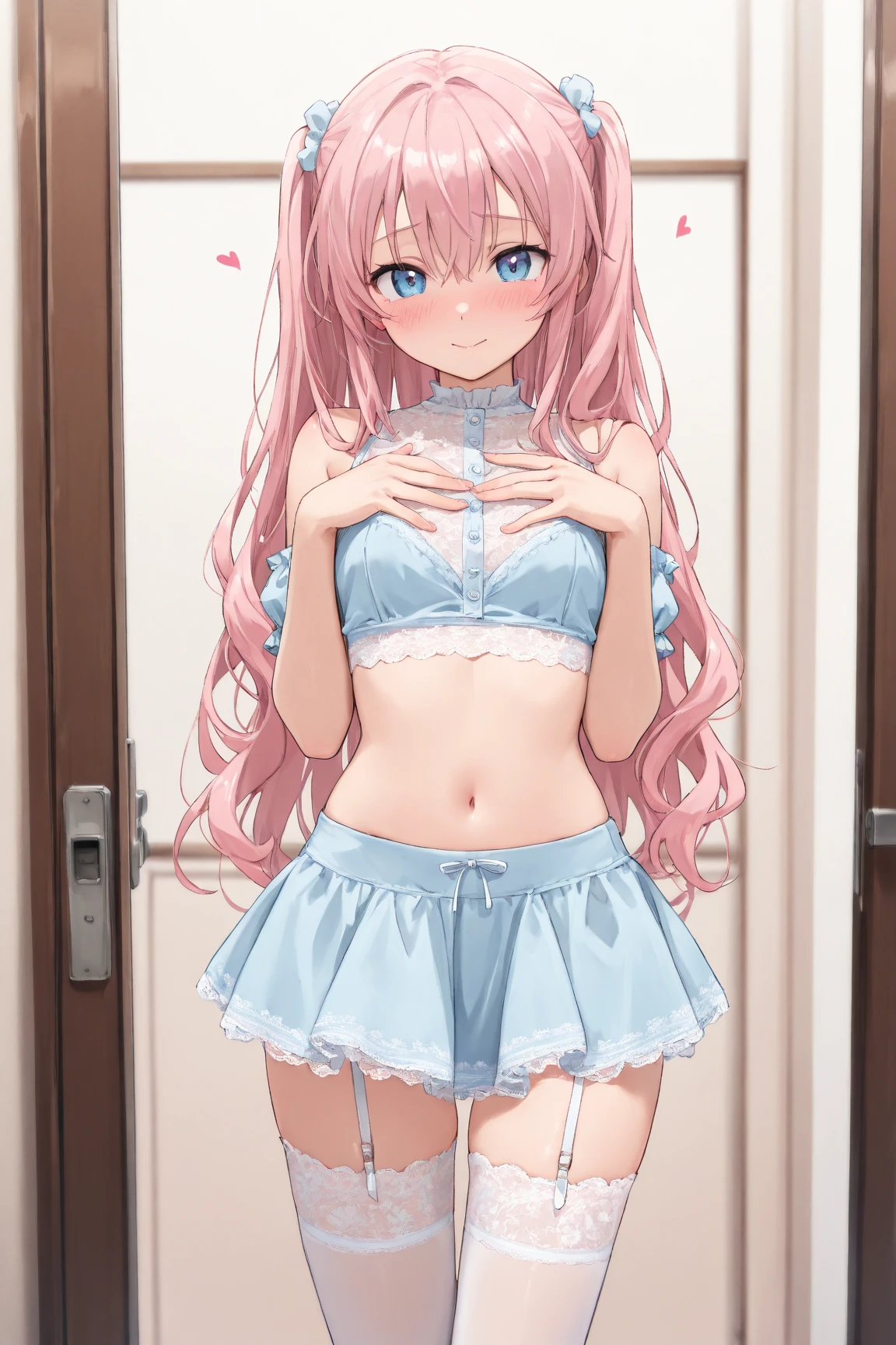 (8K、Top image quality、top-quality、masterpiece)、1 loli、Pink hair、Long to Side Up、light blue eyes、(smirk grin)、Smaller chest、pink frill bra、pink panties、cowboy shot、drinking_from_condom、cumdrip、Locker Room Background
