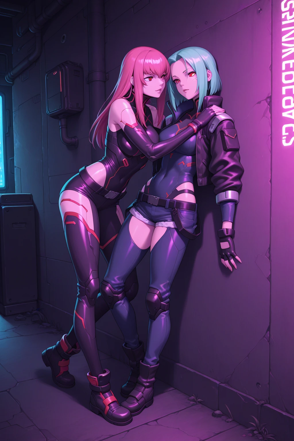 Two women standing in a neon-lit city, wielding swords. They are dressed in random skirts and leggings and top. The scene is illuminated with vibrant and colorful lights, creating a visually stunning atmosphere. The image is high-resolution, showcasing every intricate detail of the weapons, as well as the women's straight long hair. They are both 18 years old, with slim bodies and huge breasts, thick thighs, round ass. Their faces and eyes are meticulously detailed.