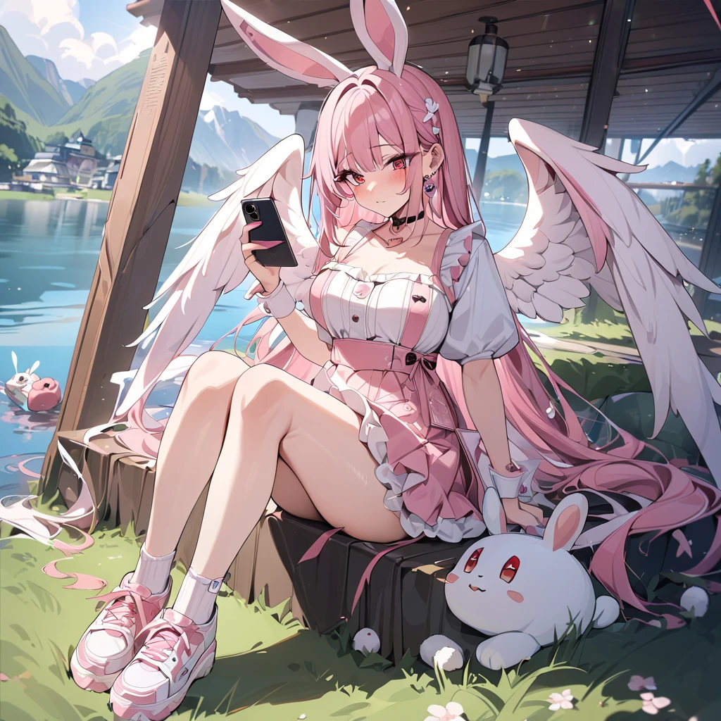 Artistic Lines, Cute Young Anime Girl, Wearing Pink Opaque Nylon Sweater, With Short Silk Puffy Skirt. Sitting on bubble, With Legs Crossed wearing ((clean white Pantyhose)), Green Eyes, (Happy) Mouth opened with tongue out. Pale Skin and face. One Hand Caressing her own legs. Curly Twin Tails Hair. Cat Ears And Tail. Angel Wings. Full-Body View. looking at viewer. ((No shoes)) Sexy leg pose. No extra legs. Solo girl.