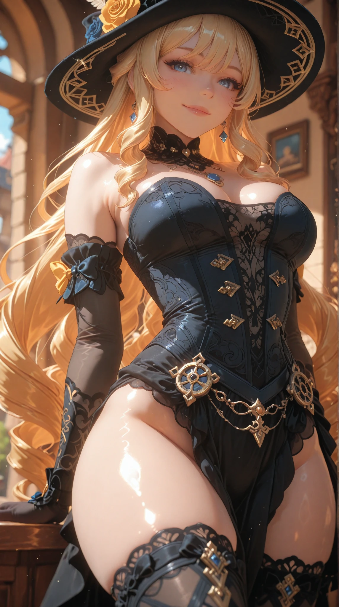 ((highest quality)),(ultra high resolution),(Super detailed),(detailed description),((best CG)),(best work of art),super precision art,great drawing art,(Art with precise details:1.5), (1 woman:1.5),colorful corset dress:1.6,beautiful and well-shaped face:1.5,detailed jewelry:1.4,thin waist:1.3,Beautiful leg lines:1.4,high heels:1.4,