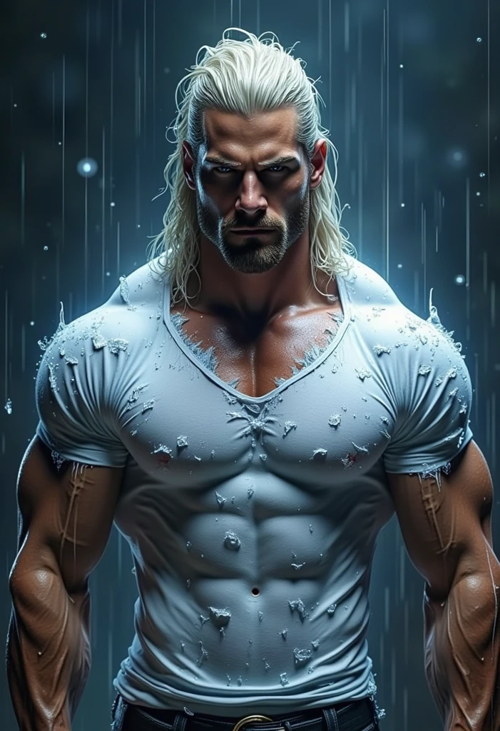 Japanese male model, high resolution 8k , Portrait, adult, handsome, perfect face detail, detailed eyes and face, clean shaved, sixpack realistic, white eyebrow hair, white eyelashes, dynamic lighting, unreal engine 5, hd picture, satoru gojo, Jujutsu kaisen, white hair, short hair ,hair between eyes ,blue eyes, white skin, water details, rain water details, coconut tree details, cloud details