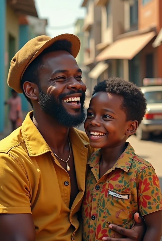 portrait american father and son standing, looking straight into camera, glad happy, strong look expression, intricate details, clear textured surface material vivid color vivid bight light dslr perfect composition, volumetric light cinematic --auto