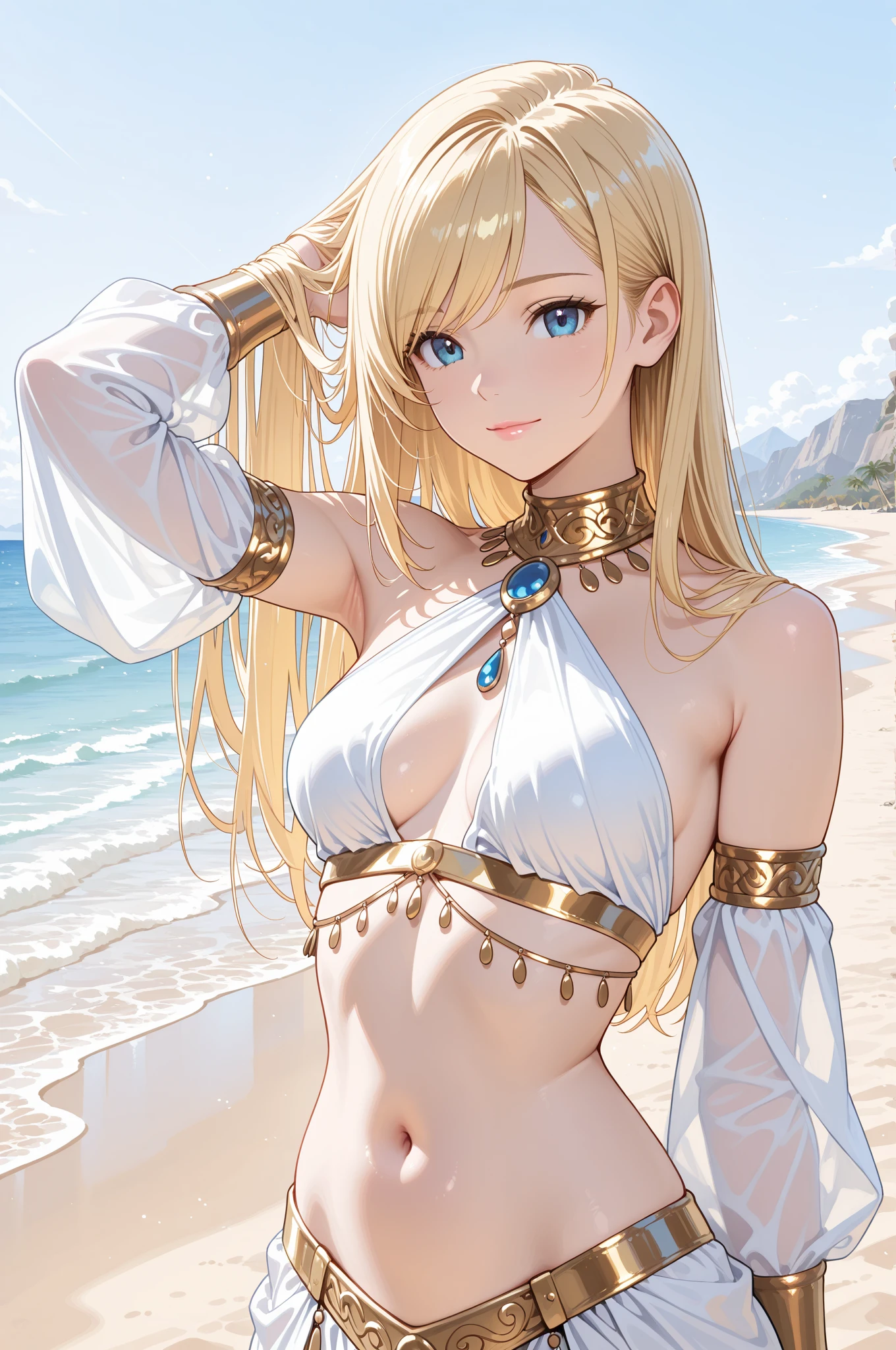 3 girl, happy expression, charming eyes, straight long hair, flowing skirt, big, looking at the sun, calm posture, porcelain-like skin, subtle blush, crystal pendant BREAK Golden Hour, (edge lighting): 1.2, cool colors, sun flare, soft shadows, bright colors, painting effects, fantastic atmosphere BREAK, beach, reflections, sunlit clouds, tranquil atmosphere, idyllic sunrise, Ultra detailed, official art, unified 8k wallpapers, zentangle, mandala