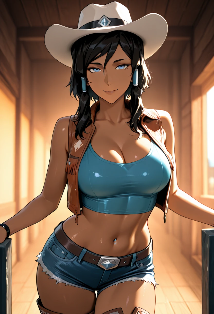 (masterpiece), best quality, highly detailed faces, (SHARP details), 4k, highly detailed, expressive eyes, SHARP detail expressive eyes, (SHARP detail perfect face), ((dark skin)), ((blonde hair)), amber eyes, wild tomboy hair, smiling, standing, (wearing gunslinger outfit), 20 years old, cleavage, ((solo)), nice hips, curvy, tall woman, ((sweat)), outdoors, (wearing white button shirt), (wearing a cowboy hat), white short skirt, thighhigh boots, (cowboy), belt, gunholster in belt, (wearing a tight vest), piercings, midriff, (female cowboy), earrings on bunny ears, (full body shot), wild west setting, (tifa lockheart cowboy outfit),