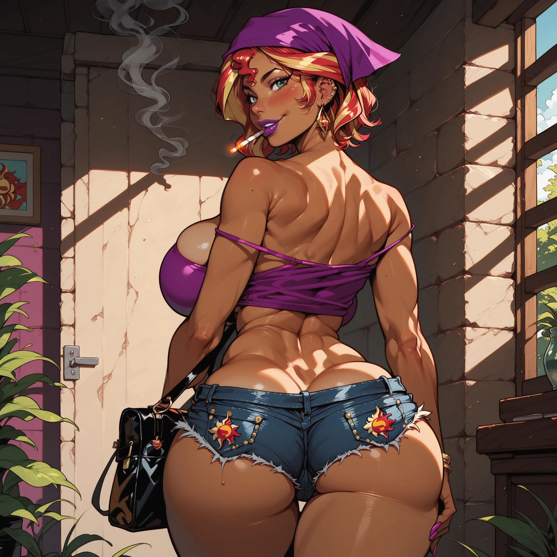 A SEXY GIRL IN A PROVOCATIVE POSE, CUTE SEMI-NAKED GIRL, GIRL WITHOUT BRA, NAKED TITS, GIRL IN THONG, SMALL THONG, THONG IN THE MIDDLE OF VAGINA, ((top-quality, 8K, masterpiece:1.3)), A detailed eye, (looking at from the front), Look at the camera, JewelryBonneyV2, half body shot, 1girl, solo, cute asian face, long hair, pink hair, hat, ((slim girl, small breasts, hyperdetailed lips)), red lips, (thighhighs, shorts, suspenders, boots, purple eyes), navel, midriff, crop top, belt, suspender shorts, complex detailed background
