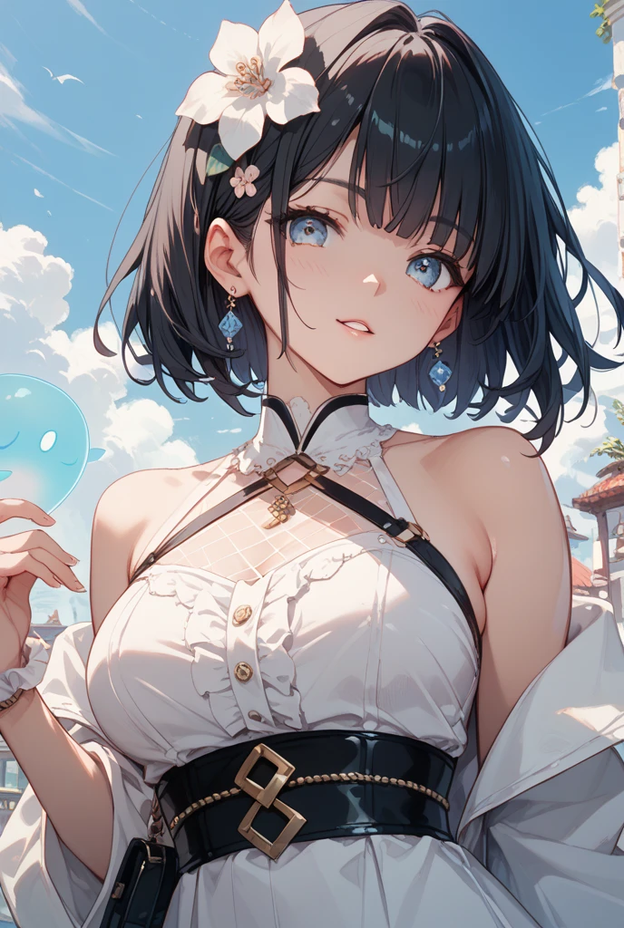 Medium Hair, Shiny hair, Floating hair, sparse bangs, shairband, Hair Flower, Whistle around the neck, Mole under the eyes, Heart-shaped pupil, Cute smile with mouth open and white teeth, earrings, Heart Earrings, blush, Shy, Parted lips, lickling lips, full blush, Heavy breathing, Verism, Hyper-Realism, surrealism, depth of fields, tits out、F1.2, 135 mm, canon, foreshortening, nffsw, retinas, masutepiece, ccurate, Anatomically correct, Textured skin, Super Detail, high details, High quality, awardwinning, Best Quality, hight resolution, 1080p, hard disk, 4K, in 8K, 16K, Blouse, Miniskirt,