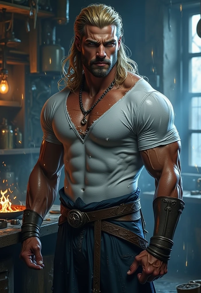 God of thunder, short hair, masculine physique, holding magistical stick, hyperealistic, photography award, ultra realistic, wide angle, high detail, volumetric light , Trending on art station, Unreal engine, 8k