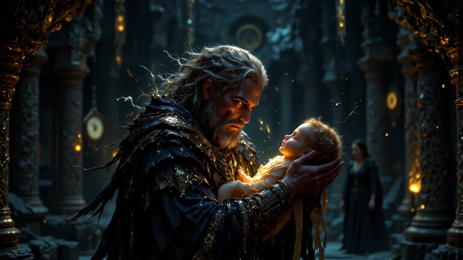 Make a fairy man character, bonitas. Blonde hair with some white streaks. Taking care of a cute baby. Inspired not rumplestilkin. dark fantasia.