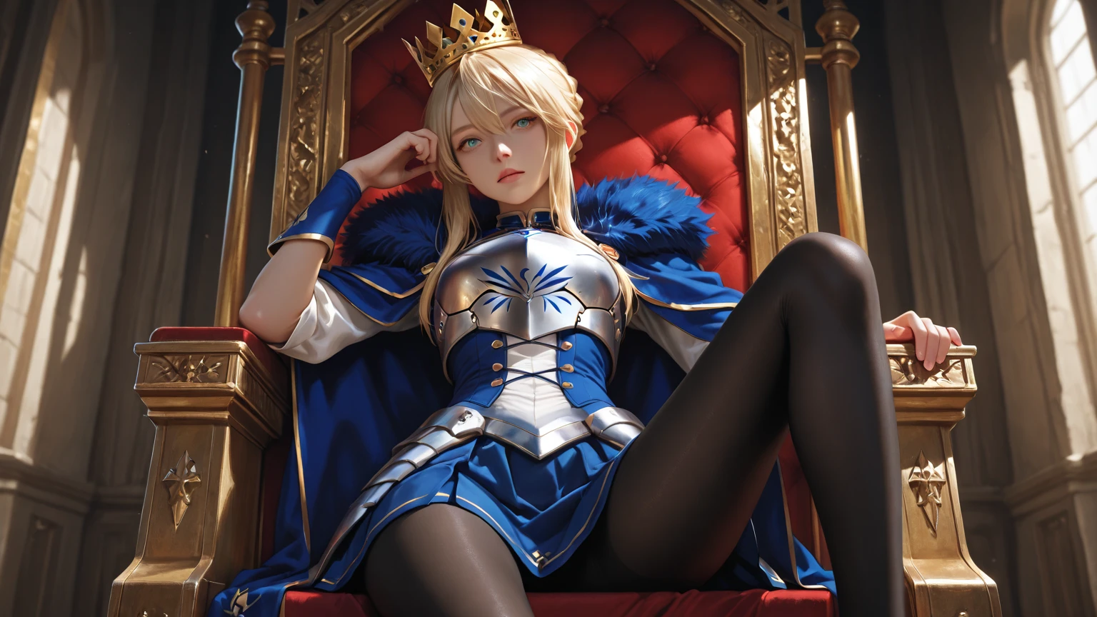 beauty princess royalty luxury blonde long legs black stockings silver armor two-handed giant sword blue dress high quality realistic photos