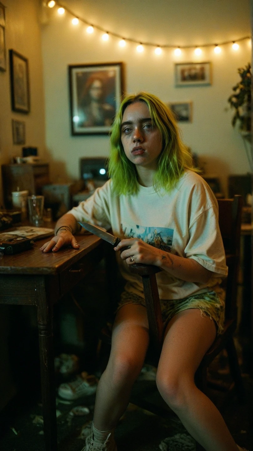 Billie eilish figure big  and thick thigh green and black hair in green tshirt sitting on chair and little disappointed face 