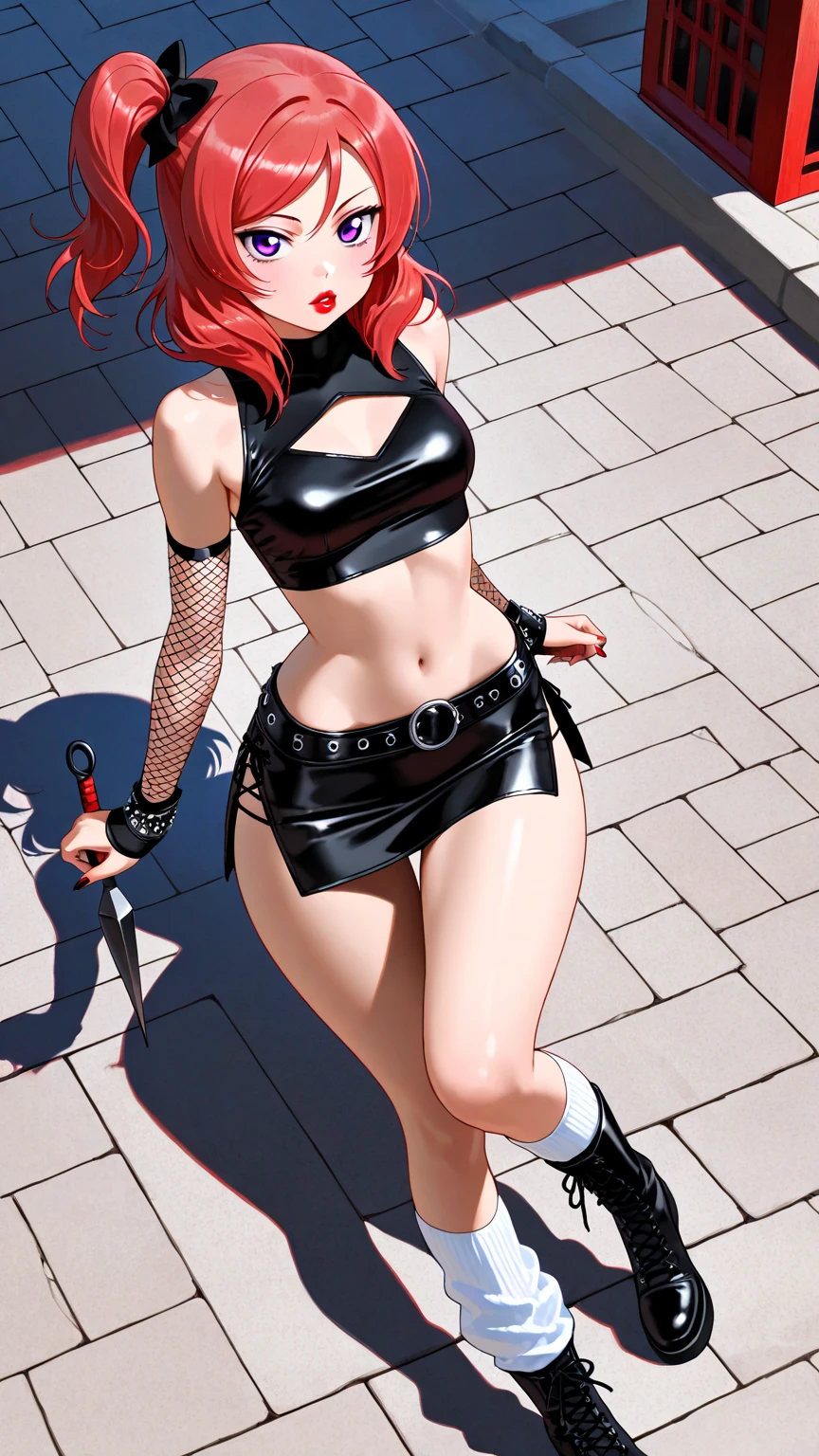 1girl, solo, boots, eyewear on head, black hair, dress, high heels, sunglasses, short dress, long hair, looking back, breasts, ponytail, nico robin, legs,medium_breasts,sideboob