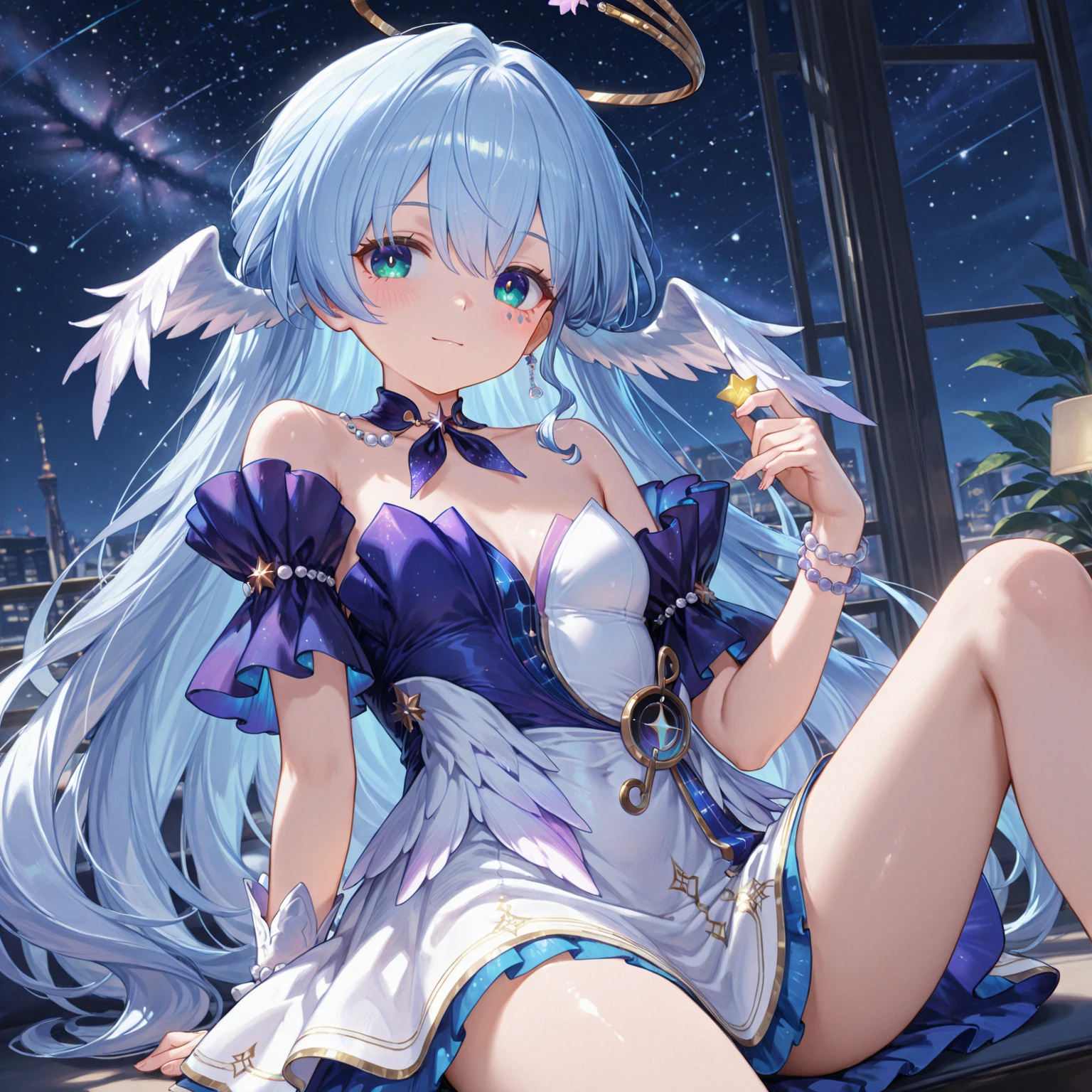 High detail, super high resolution, girl enjoying her time in the dream galaxy, surrounded by stars, warm light sprinkled on her, background is starry sky with colorful galaxies and galaxy clouds, stars flying around her, delicate face, adding playful atmospher, blue eyes, smiling, blue long hair、beautiful girl, masterpiece, The belly button is visible、Thigh emphasis、30 years old、super lender body shape, no panties, no bra, (((pussy:1.3))), large big breast , large big ass, jewelry