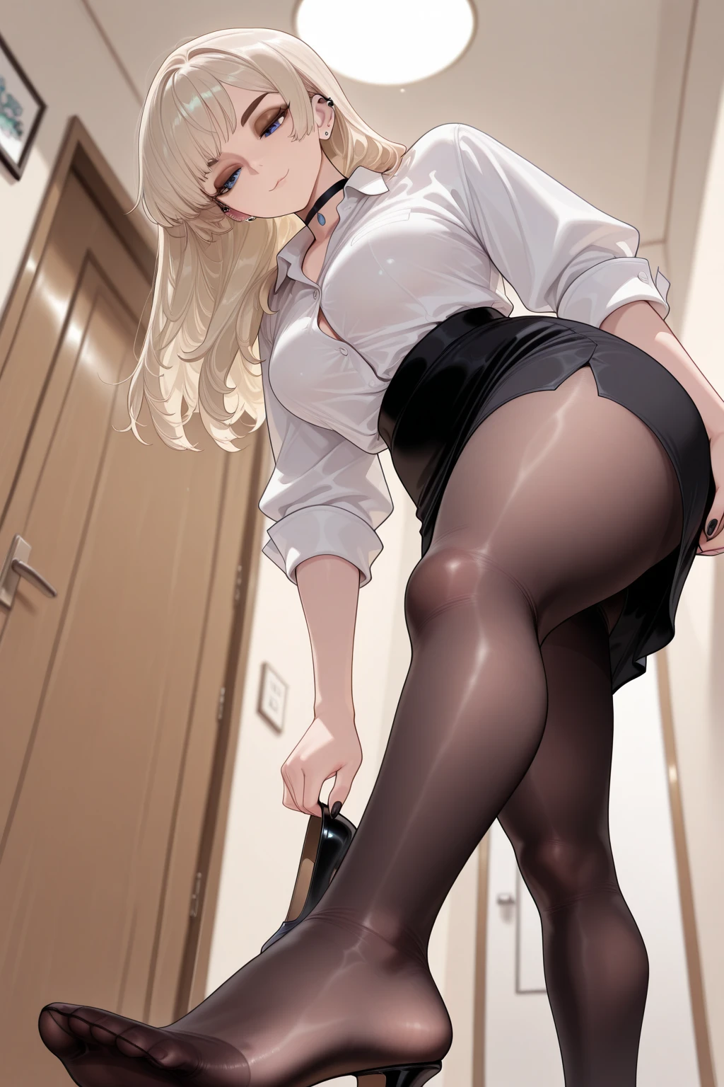 Yamanaka Ino, long sleeve white shirt, Red tie, medium breasts, lace boyshorts, black mid thigh stockings, black shoes. standing, bedroom, perfect body, perfect legs, perfect arms, perfect hands, Masterpiece, detailed