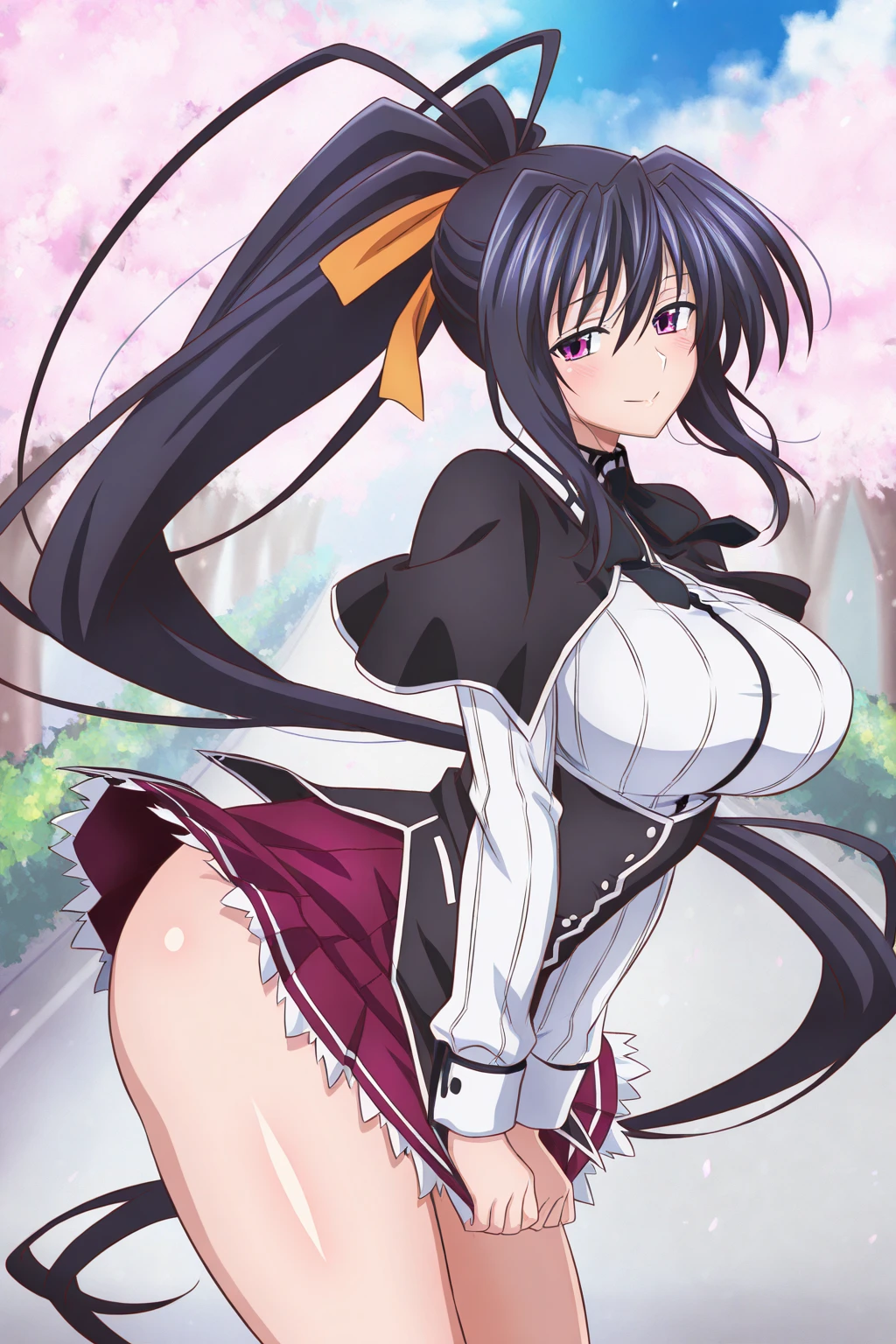 nsfw , Takamura Yui , (((highres official art))) , (((1girl))) , (((solo))) , black hair , long hair , purple eyes , blush , shy , squatting girl, spread legs, after sex, pussy, cum drip, cum in pussy, sweat, outdoor