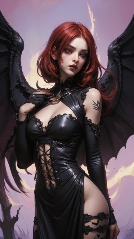 Dynamic Snapshot, ((3 women, red hair, black hair)), A picture of 2 beautiful succubus dominating 1 sexual an angel girl on a leash, ((2 demon females and a angel girl)), female dominance, unprotected, a angel, demons, beautiful succubi, horror, dark, sexual, rough dominance, dominance, a angel girl on a leash, bdsm, Gold Chains,(massive accentuated super huge enormously gigantic breasts), collar, Beautiful bodies, slim, horror style, Very Detailed Faces, Stockings, (leather corset, mini thong, silk lingerie, Stockings), leather leather thigh high boots, Sharp camera angle , Close-up, Gothic horror background