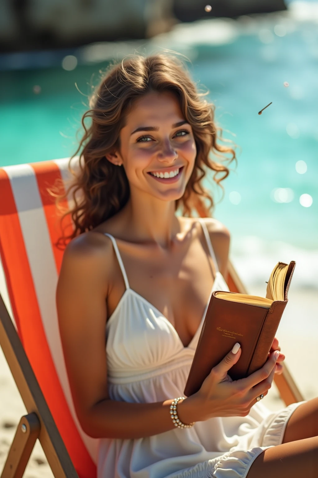 ((1 Spanish girl)), (Laia Manzanares) (35 years old), Ethereal beauty, beautiful eyes, flirtatious smileLong, slick hair, muscularly trained body, she lie at the beach and read a book, she try a red tanktop, best quality, photorealestic, 8K, high resolution, Ultra-realistic, detailed skin, 8K uhd, dslr, Sanftes Lichting, good quality, film grain, Fujifilm XT3