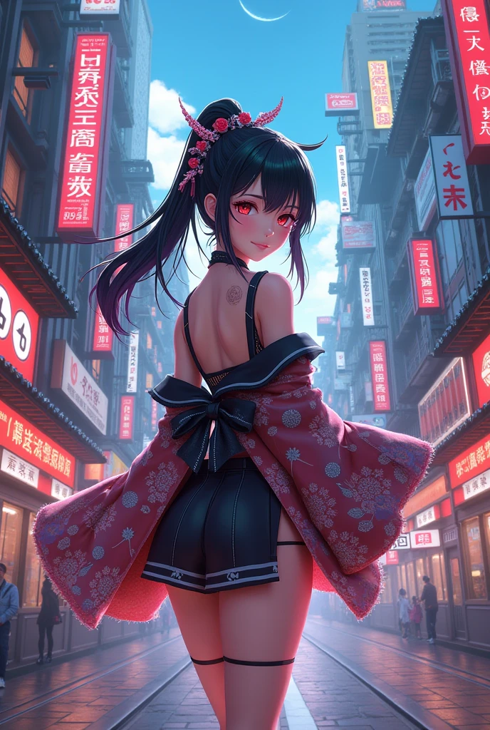 absurdres, RAW photo, extremely delicate and beautiful, masterpiece, Best Quality, ultra high resolution, 32k, hyperrealistic, ultra-detailed, detailed background, landscape, perfect anatomy, anatomically correct, perfect figure, Perfect Style, Perfect balance, super Detailed skin, in her 30s, very Slim body, narrow waist, very small head, very small face, delicate facial features, handsome detailed woman, very detailed eyes and face, realistic face proportions, Realistic beautiful face, Realistic beautiful eyes, tearful mole, earring, very huge round tits, full body shot, medium hair, asymmetrical hair, indoor, cyberpunk, samurai clothes, katanas, kimono,