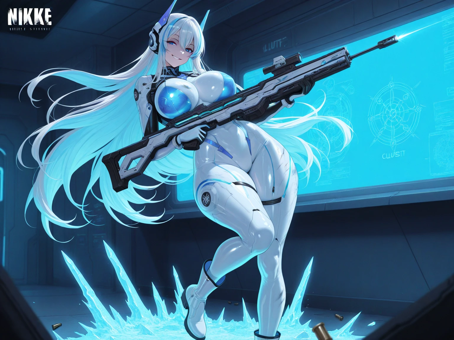 (((Highest quality、first class、masterpiece、Normal body、8k、Detailed face、Ultra-precision、normal hand、Normal refer to、5refer to、Highest)))、Eternal Frail、Silver Hair、Long Hair、kind、clear、pure、A blue suit that reveals a cleavage、Navy blue shorts、"SD Gundam G Generation"、cockpit、Pilot、Beam Rifle sniping、shooting、Sniper visor