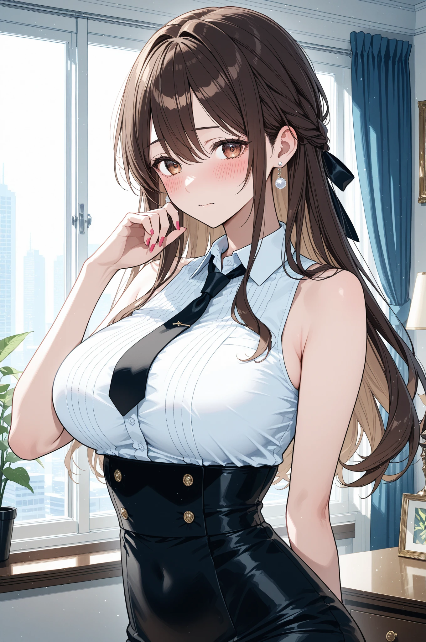a 25 year old Italian girl with super gigantic breasts wears a  consisting of a torn blouse that cannot contain her breasts and a miniskirt, she has a slave collar she is happy, very long brown hair, scoastic scenario